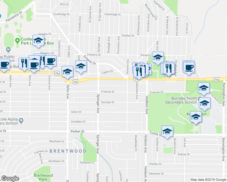 map of restaurants, bars, coffee shops, grocery stores, and more near 5353 Frances Street in Burnaby