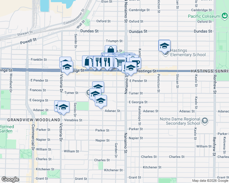 map of restaurants, bars, coffee shops, grocery stores, and more near 2275 Turner Street in Vancouver