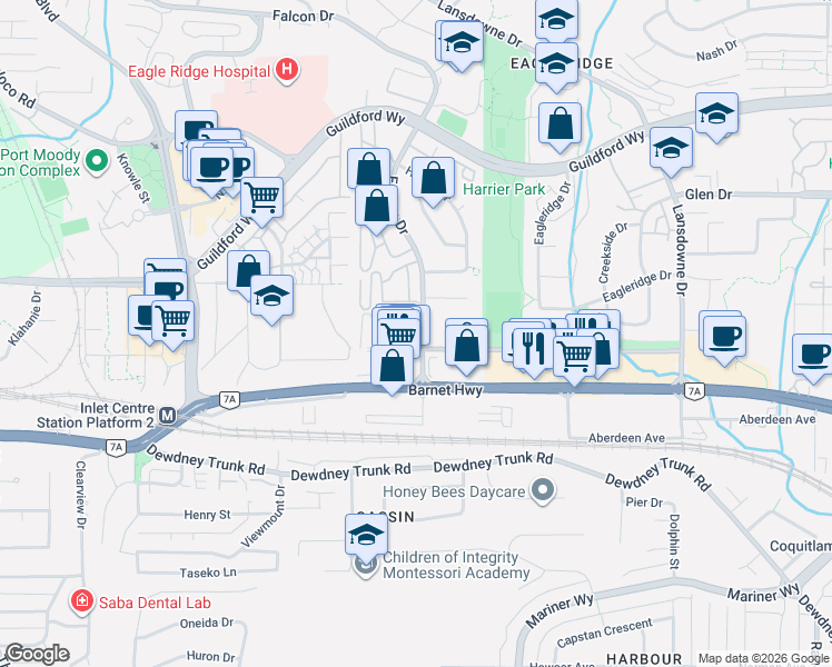 map of restaurants, bars, coffee shops, grocery stores, and more near 1116 Falcon Drive in Coquitlam