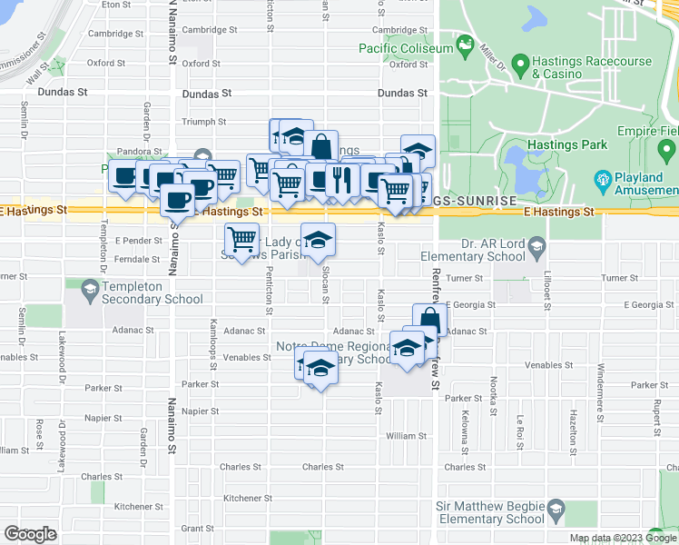 map of restaurants, bars, coffee shops, grocery stores, and more near 2723 Turner Street in Vancouver