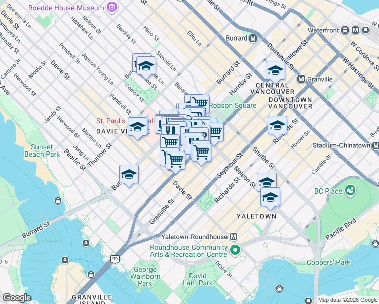 map of restaurants, bars, coffee shops, grocery stores, and more near 811 Helmcken Street in Vancouver