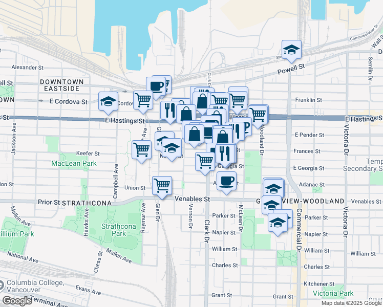 map of restaurants, bars, coffee shops, grocery stores, and more near 1215 Frances Street in Vancouver