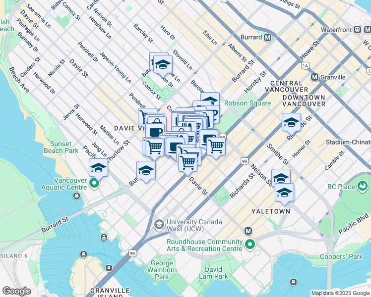 map of restaurants, bars, coffee shops, grocery stores, and more near 1133 Hornby Street in Vancouver