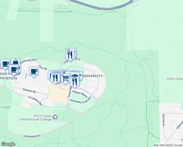 map of restaurants, bars, coffee shops, grocery stores, and more near 9229 University Crescent in Burnaby