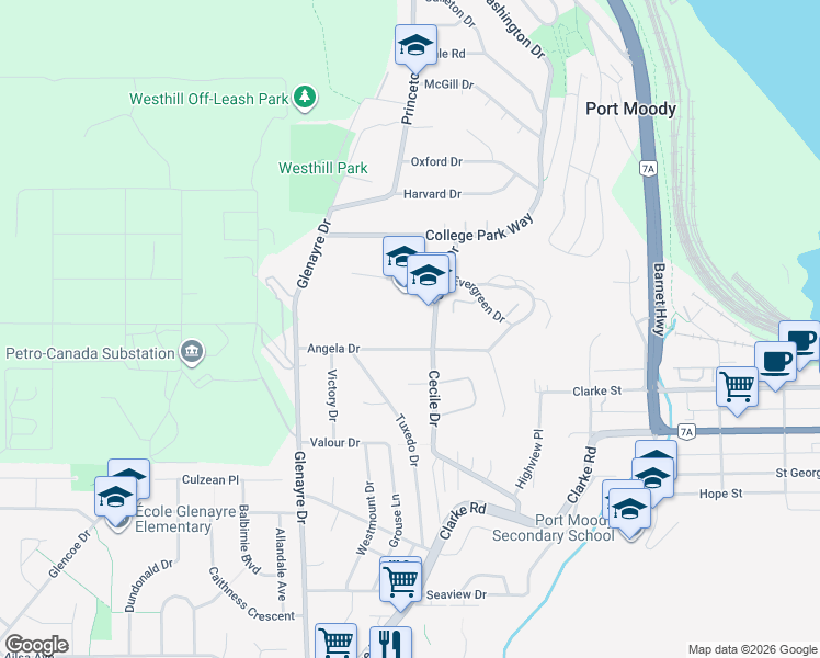 map of restaurants, bars, coffee shops, grocery stores, and more near 1209 Cecile Drive in Port Moody