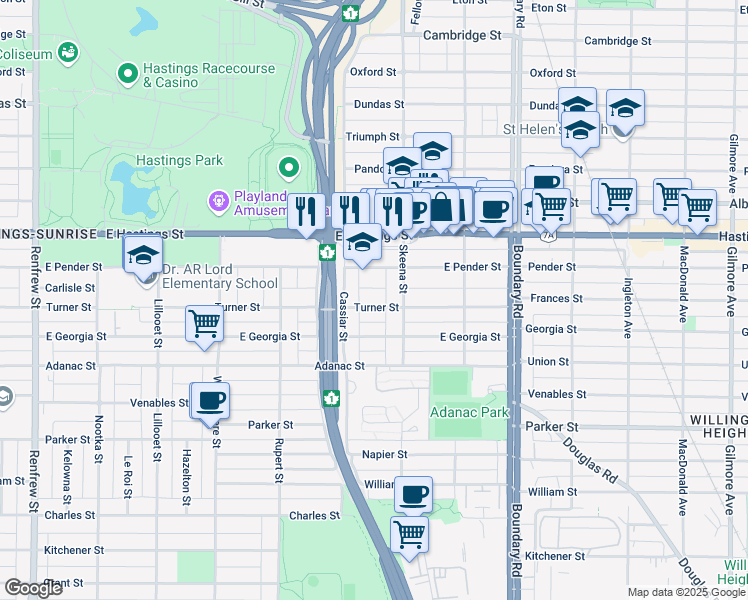 map of restaurants, bars, coffee shops, grocery stores, and more near 3455 Turner Street in Vancouver
