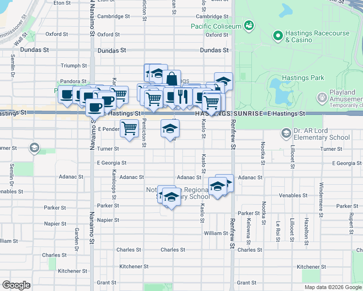 map of restaurants, bars, coffee shops, grocery stores, and more near 2723 Turner Street in Vancouver