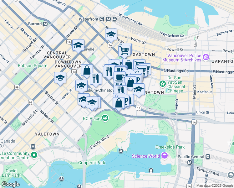 map of restaurants, bars, coffee shops, grocery stores, and more near 610 Citadel Parade in Vancouver