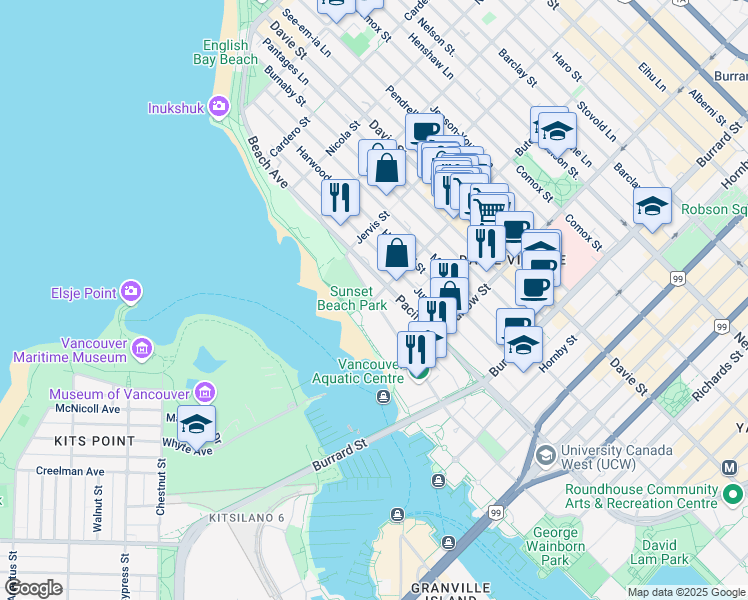 map of restaurants, bars, coffee shops, grocery stores, and more near 1200 Beach Avenue in Vancouver