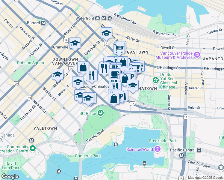map of restaurants, bars, coffee shops, grocery stores, and more near 601 Citadel Parade in Vancouver