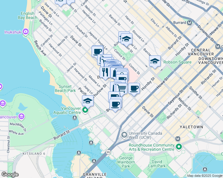 map of restaurants, bars, coffee shops, grocery stores, and more near 1045 Burnaby Street in Vancouver