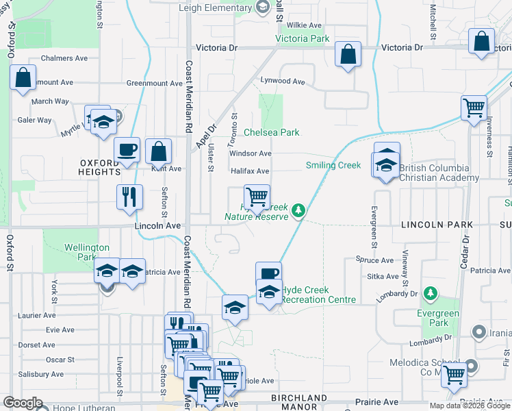 map of restaurants, bars, coffee shops, grocery stores, and more near 3731 Bracewell Court in Port Coquitlam