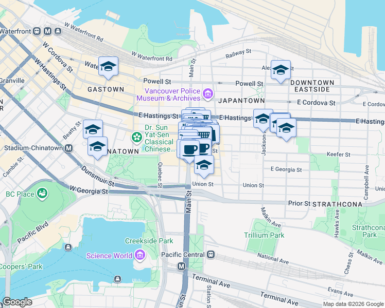 map of restaurants, bars, coffee shops, grocery stores, and more near 610 Main Street in Vancouver