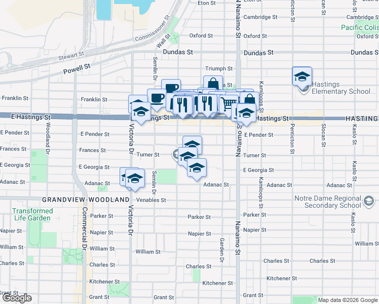 map of restaurants, bars, coffee shops, grocery stores, and more near 2149 Turner Street in Vancouver