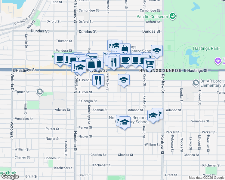 map of restaurants, bars, coffee shops, grocery stores, and more near 2617 Turner Street in Vancouver
