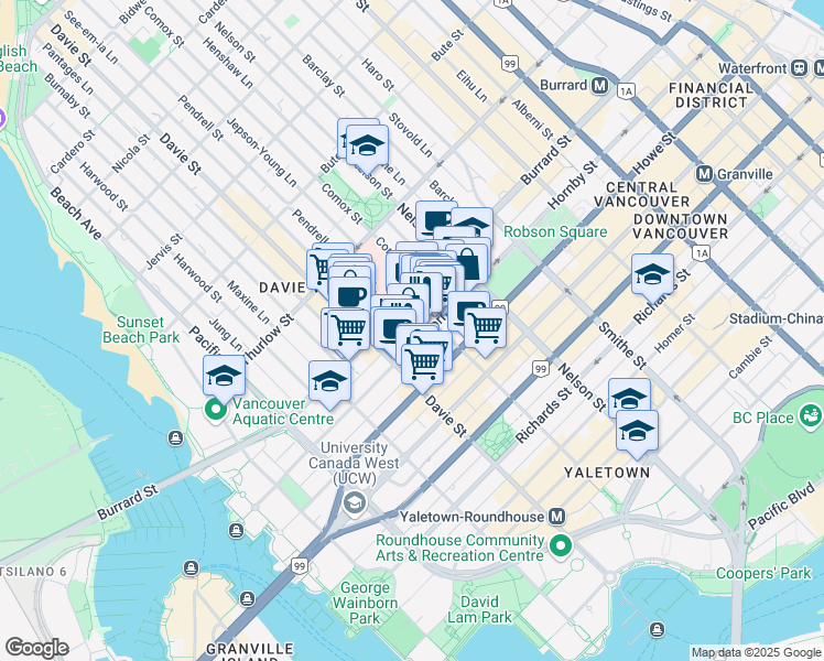 map of restaurants, bars, coffee shops, grocery stores, and more near 1148 Hornby Street in Vancouver