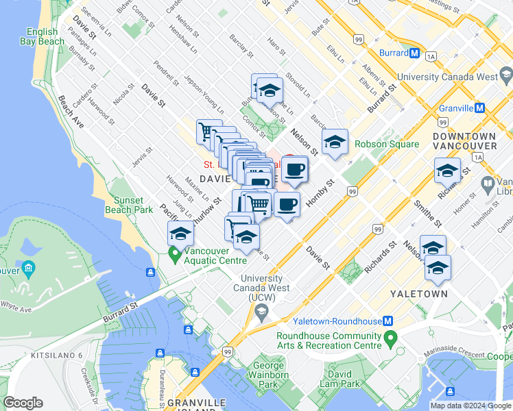map of restaurants, bars, coffee shops, grocery stores, and more near 1074 Davie Street in Vancouver