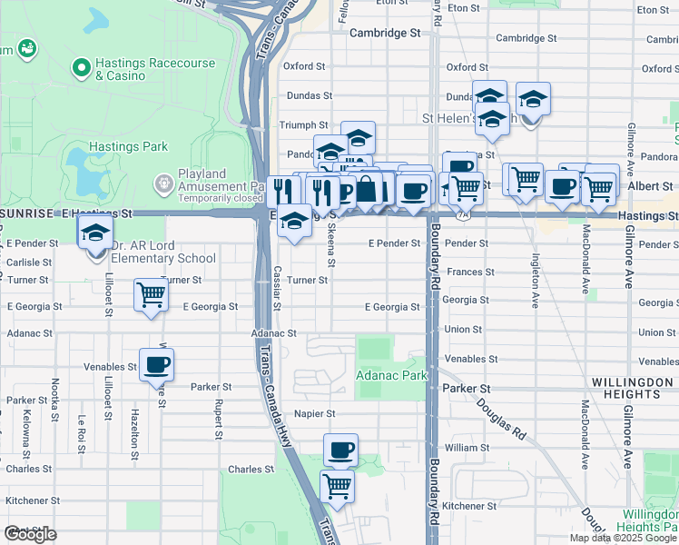 map of restaurants, bars, coffee shops, grocery stores, and more near 3509 Turner Street in Vancouver