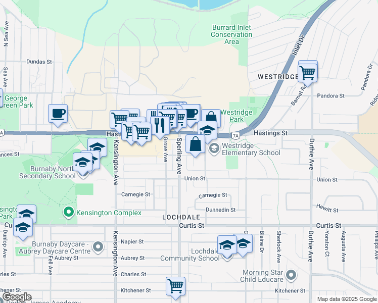 map of restaurants, bars, coffee shops, grocery stores, and more near 581 Clare Avenue in Burnaby