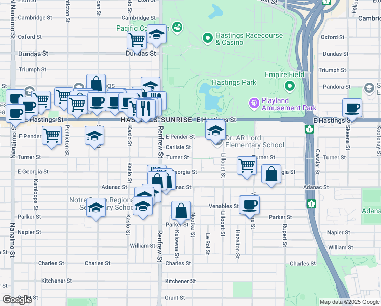 map of restaurants, bars, coffee shops, grocery stores, and more near 2997 Turner Street in Vancouver