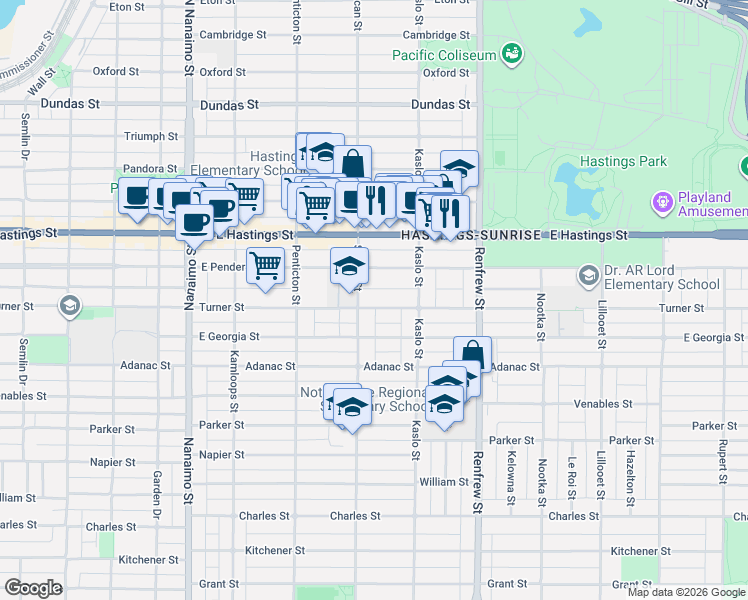 map of restaurants, bars, coffee shops, grocery stores, and more near 2723 Turner Street in Vancouver