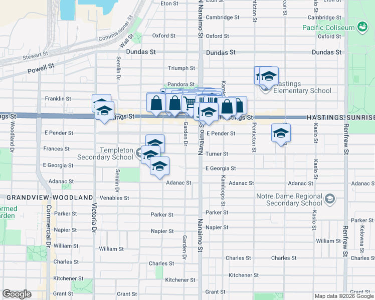 map of restaurants, bars, coffee shops, grocery stores, and more near 2305 Turner Street in Vancouver