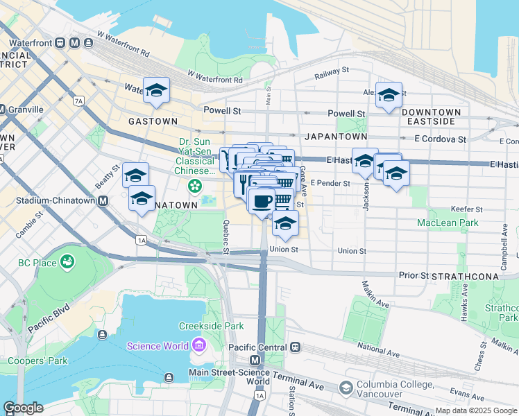 map of restaurants, bars, coffee shops, grocery stores, and more near 188 Keefer Street in Vancouver