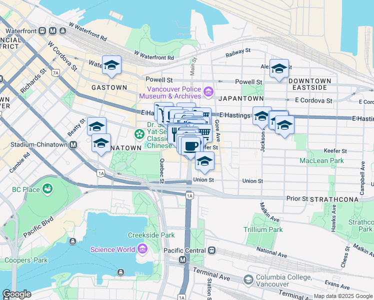 map of restaurants, bars, coffee shops, grocery stores, and more near 605 Main Street in Vancouver