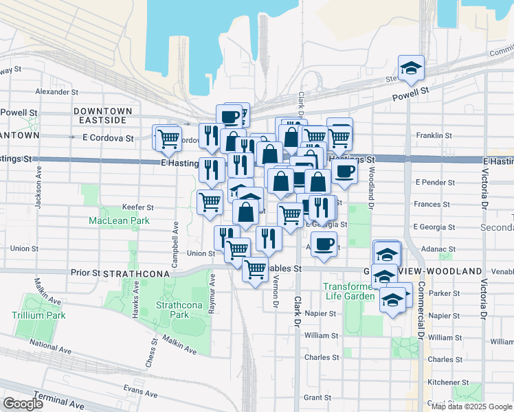 map of restaurants, bars, coffee shops, grocery stores, and more near 1161 Keefer Street in Vancouver