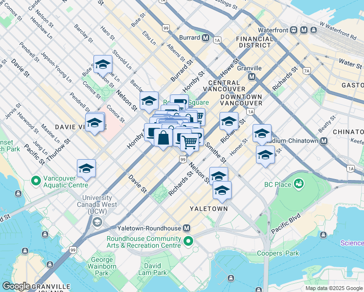 map of restaurants, bars, coffee shops, grocery stores, and more near in Vancouver