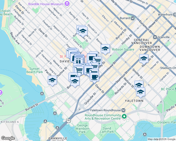 map of restaurants, bars, coffee shops, grocery stores, and more near 1160 Burrard Street in Vancouver
