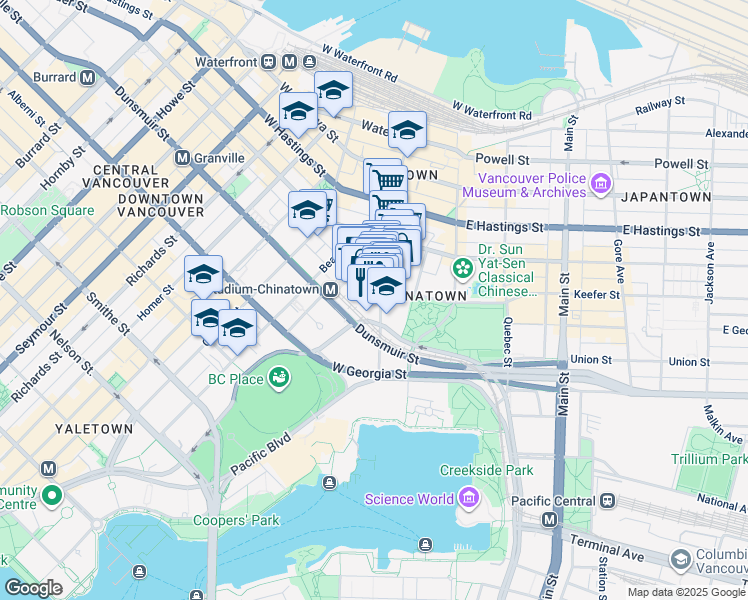 map of restaurants, bars, coffee shops, grocery stores, and more near 633 Abbott Street in Vancouver