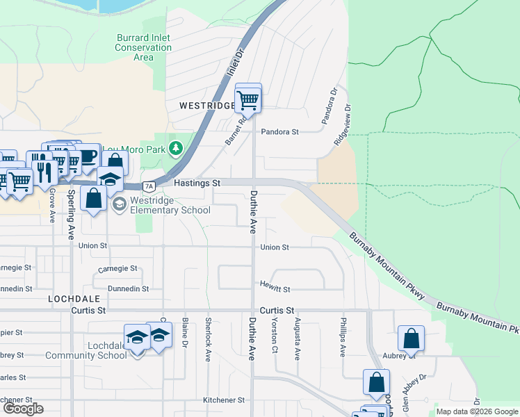 map of restaurants, bars, coffee shops, grocery stores, and more near 512 Duthie Avenue in Burnaby