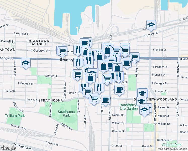 map of restaurants, bars, coffee shops, grocery stores, and more near 1155 Keefer Street in Vancouver