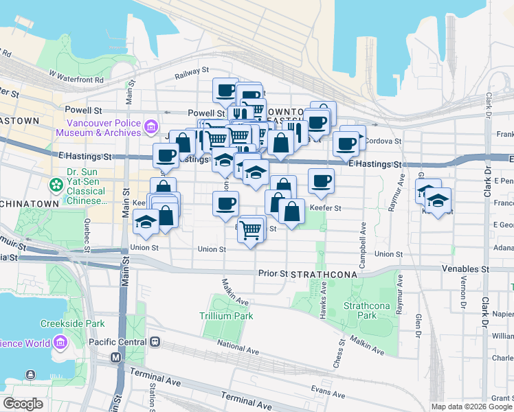 map of restaurants, bars, coffee shops, grocery stores, and more near 609 Keefer Street in Vancouver