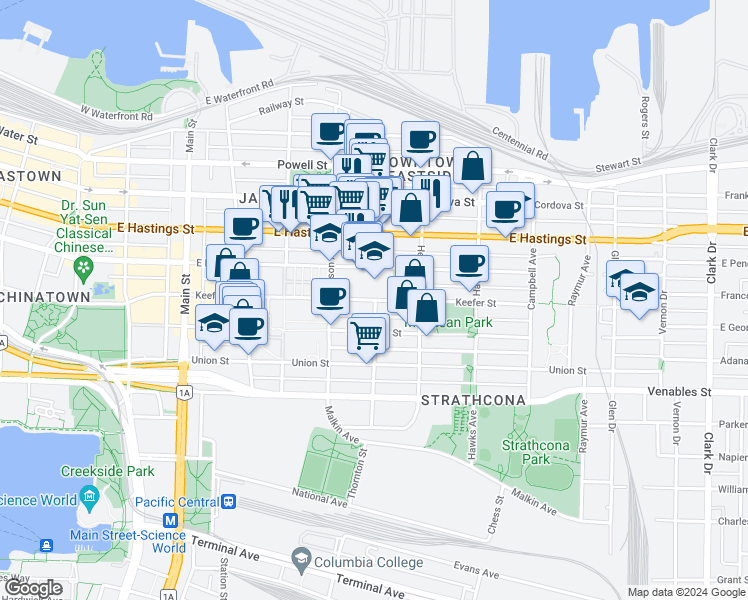 map of restaurants, bars, coffee shops, grocery stores, and more near 568 Keefer Street in Vancouver