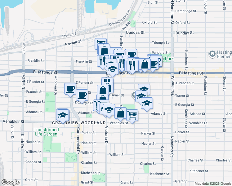 map of restaurants, bars, coffee shops, grocery stores, and more near 1955 Turner Street in Vancouver