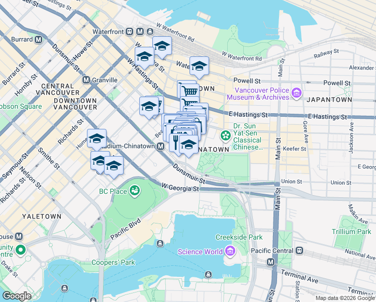 map of restaurants, bars, coffee shops, grocery stores, and more near 628 Abbott Street in Vancouver