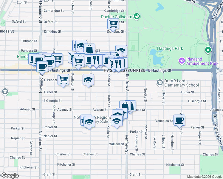 map of restaurants, bars, coffee shops, grocery stores, and more near 552 Kaslo Street in Vancouver