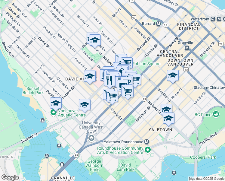 map of restaurants, bars, coffee shops, grocery stores, and more near 1102 Hornby Street in Vancouver