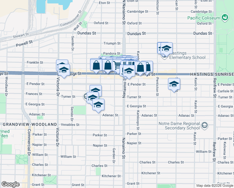 map of restaurants, bars, coffee shops, grocery stores, and more near 2311 Turner Street in Vancouver