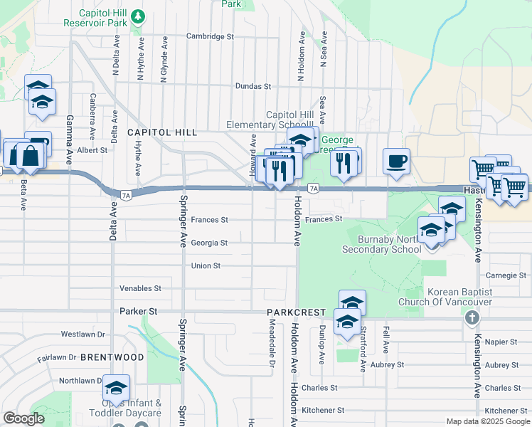 map of restaurants, bars, coffee shops, grocery stores, and more near 5531 Frances Street in Burnaby