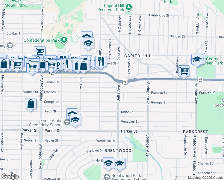 map of restaurants, bars, coffee shops, grocery stores, and more near 4847 Frances Street in Burnaby