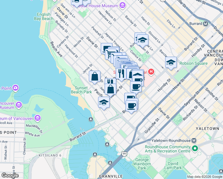 map of restaurants, bars, coffee shops, grocery stores, and more near 1117 Harwood Street in Vancouver