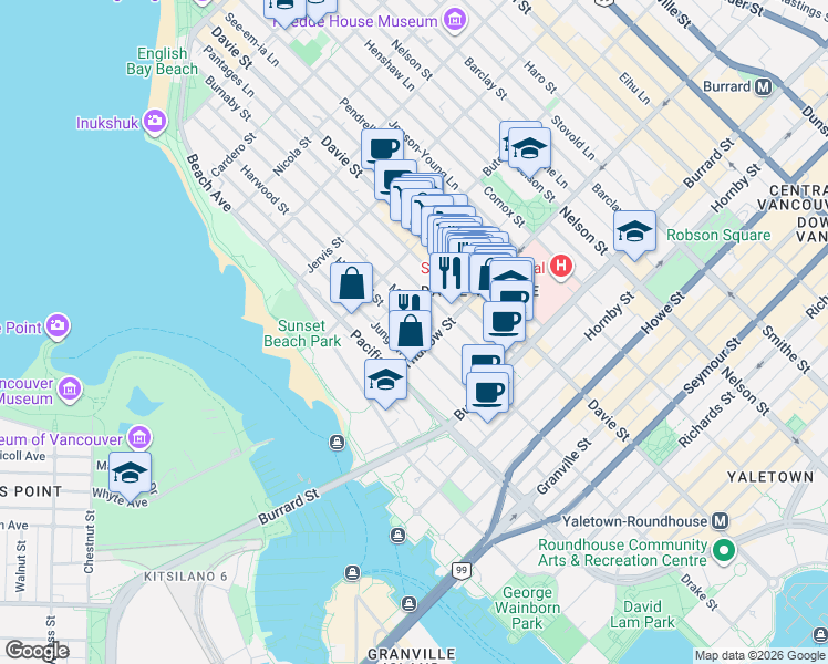 map of restaurants, bars, coffee shops, grocery stores, and more near 1117 Harwood Street in Vancouver