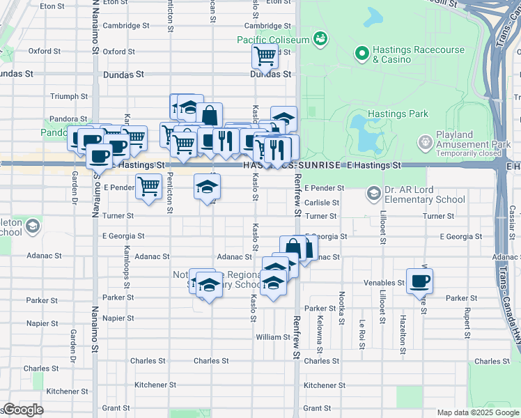 map of restaurants, bars, coffee shops, grocery stores, and more near 550 Kaslo Street in Vancouver