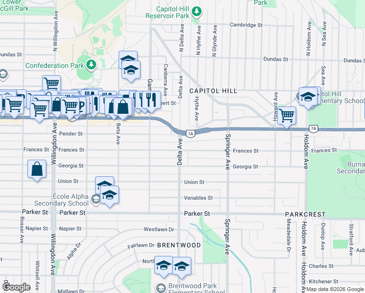map of restaurants, bars, coffee shops, grocery stores, and more near 4911 Frances Street in Burnaby