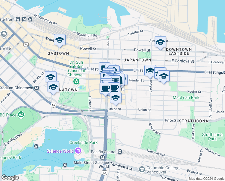 map of restaurants, bars, coffee shops, grocery stores, and more near 218 Keefer St in Vancouver