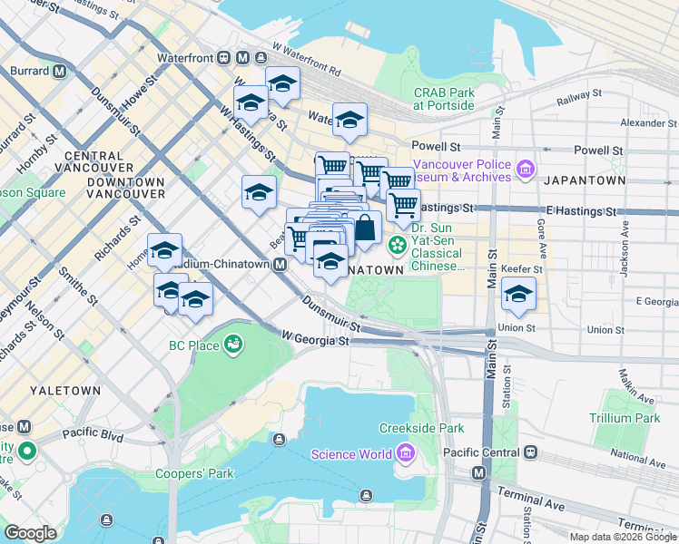 map of restaurants, bars, coffee shops, grocery stores, and more near 58 Keefer Place in Vancouver