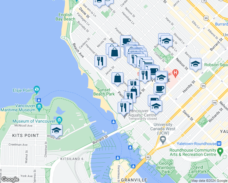 map of restaurants, bars, coffee shops, grocery stores, and more near 1410 Bute Street in Vancouver